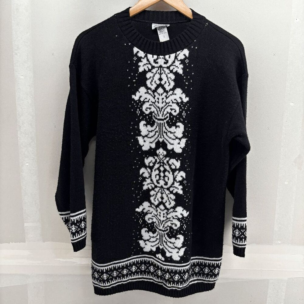 VTG Cuddle Knit Sweater Womens S Black Ivory USA Made Candle Snowflake Geometric